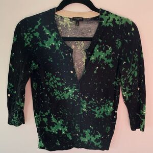 Talbots Lightweight Crew Neck Cardigan Women's small petites Green Black Print